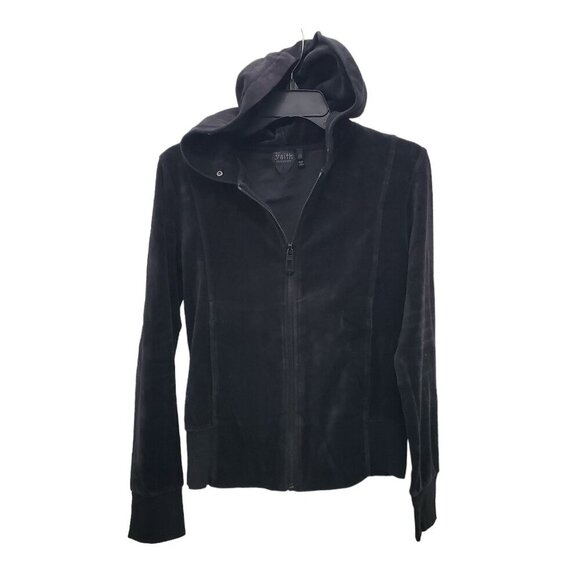 Faith Connexion Tops - Faith Connexion Women's Black Velvet Embellished‎ Wing LS Zip Front Hoodie Sz M